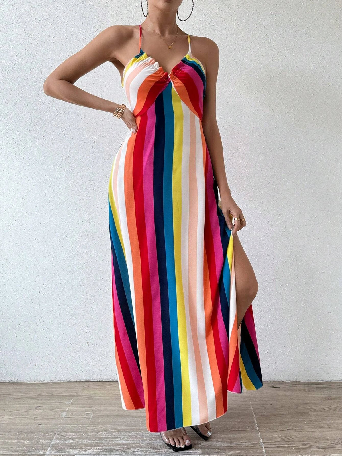 Damen Sommerkleid mit ethnischem Muster, rückenfrei, geteilter Oberschenkel, Damen-Sommerkleidung, Boho-Mode, Rüschenbesatz, langes Kleid für den Strand