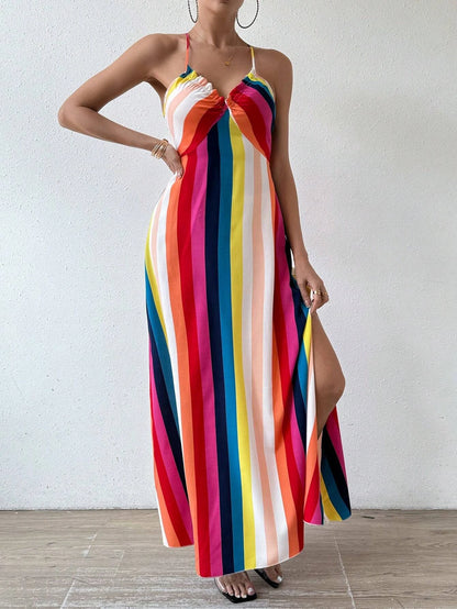 Damen Sommerkleid mit ethnischem Muster, rückenfrei, geteilter Oberschenkel, Damen-Sommerkleidung, Boho-Mode, Rüschenbesatz, langes Kleid für den Strand