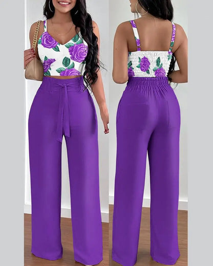 2-teiliges Outfit, V-Ausschnitt-Träger, gerafftes, schmales Crop-Top und Schnür-Hosen-Sets mit weitem Bein, eleganter Büro-Damenanzug