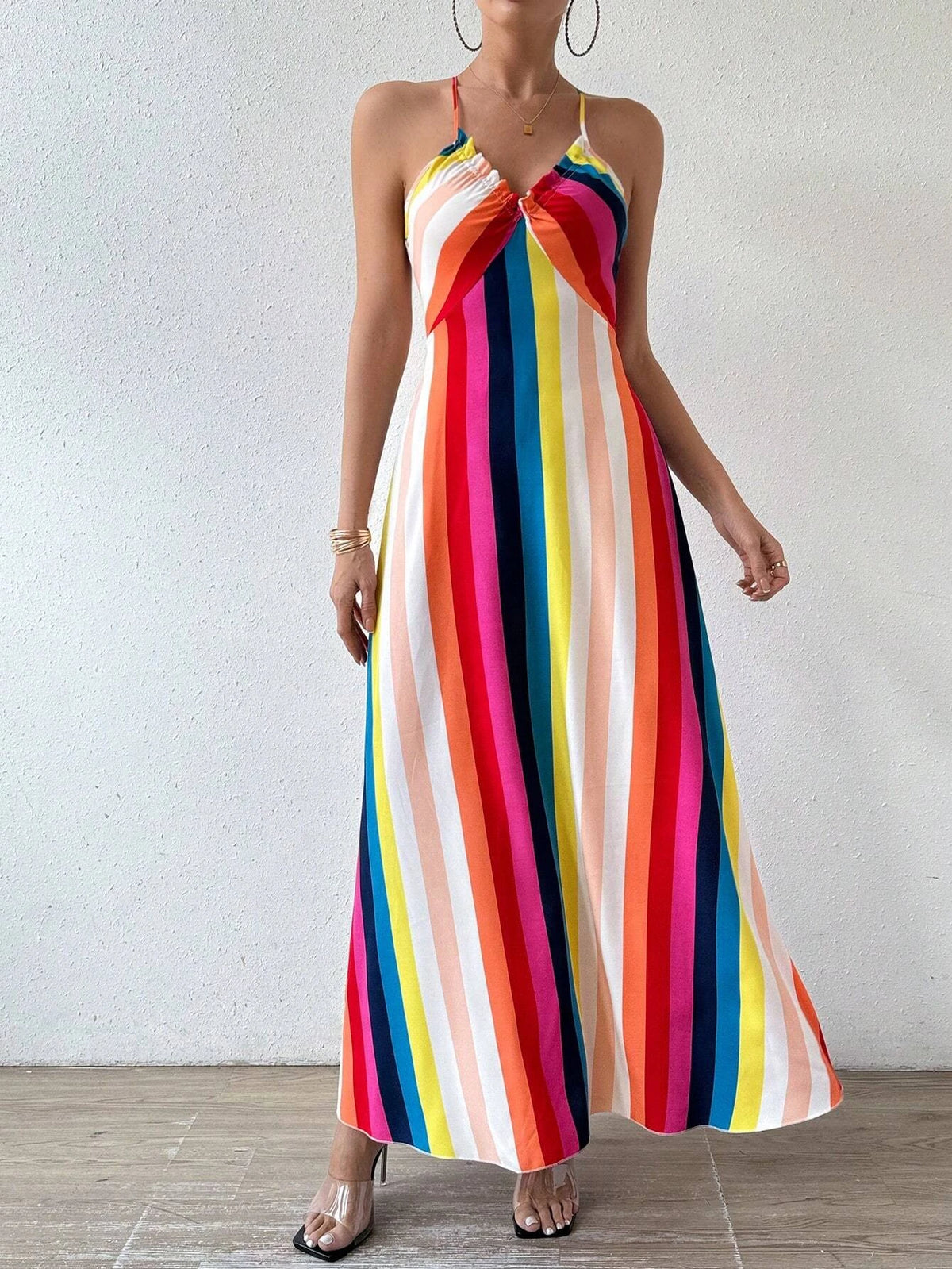 Damen Sommerkleid mit ethnischem Muster, rückenfrei, geteilter Oberschenkel, Damen-Sommerkleidung, Boho-Mode, Rüschenbesatz, langes Kleid für den Strand