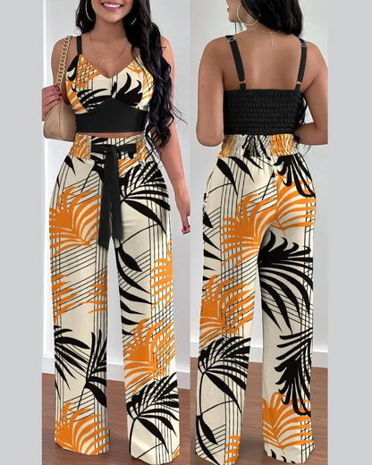 2-teiliges Outfit, V-Ausschnitt-Träger, gerafftes, schmales Crop-Top und Schnür-Hosen-Sets mit weitem Bein, eleganter Büro-Damenanzug
