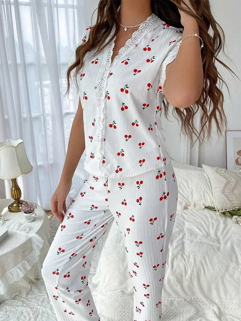 2-teiliges Spitzen-Pyjama-Set mit Kirsch-Print für Damen