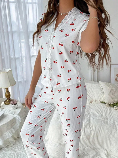 2-teiliges Spitzen-Pyjama-Set mit Kirsch-Print für Damen
