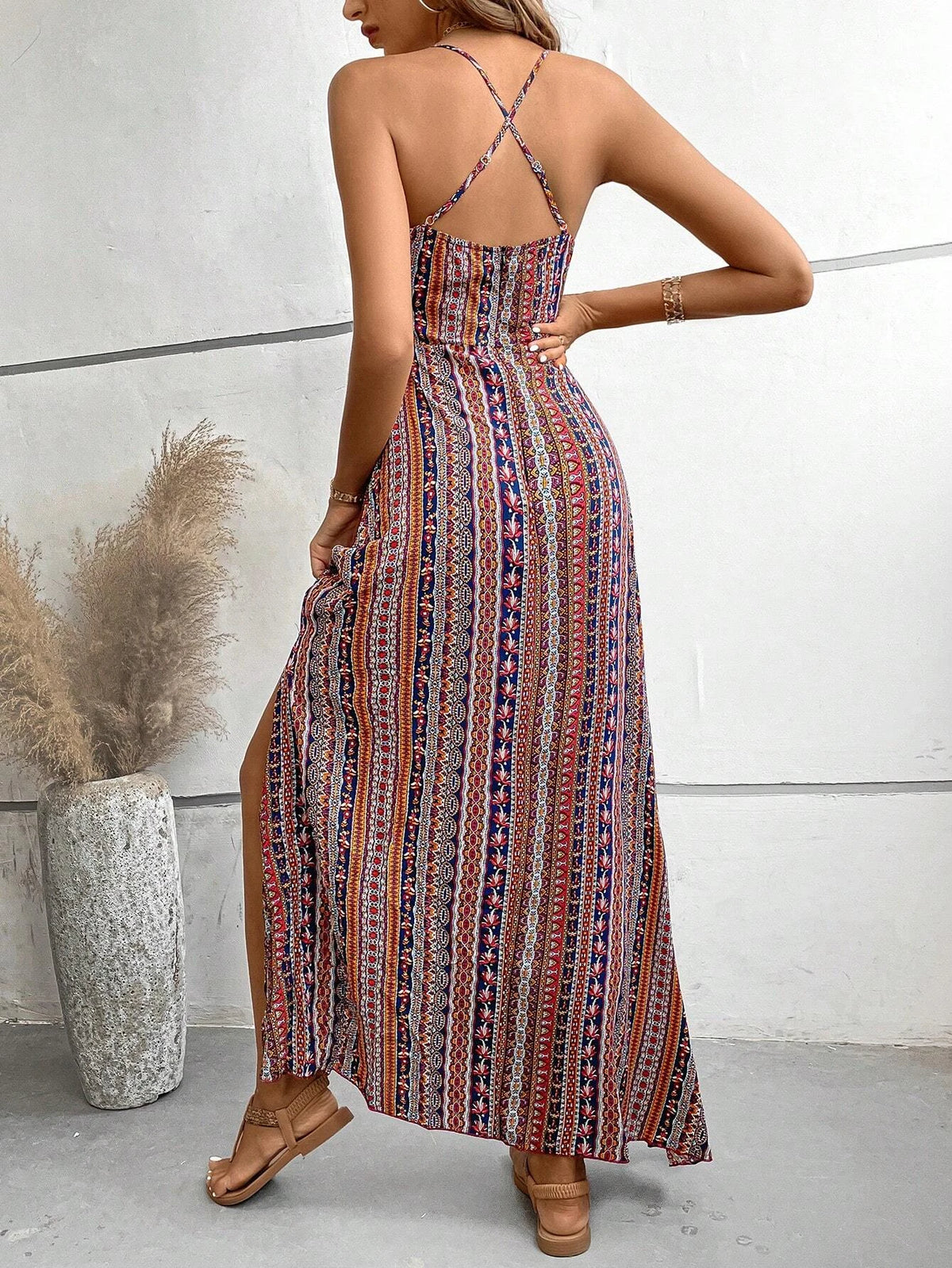 Damen Sommerkleid mit ethnischem Muster, rückenfrei, geteilter Oberschenkel, Damen-Sommerkleidung, Boho-Mode, Rüschenbesatz, langes Kleid für den Strand