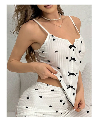 2-teiliges Spitzen-Pyjama-Set mit Herzchen-Print für Damen