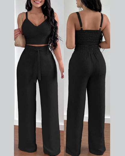 2-teiliges Outfit, V-Ausschnitt-Träger, gerafftes, schmales Crop-Top und Schnür-Hosen-Sets mit weitem Bein, eleganter Büro-Damenanzug