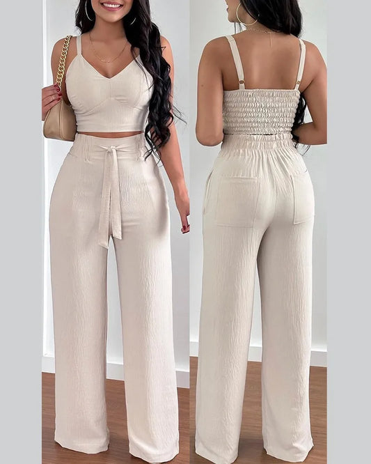 2-teiliges Outfit, V-Ausschnitt-Träger, gerafftes, schmales Crop-Top und Schnür-Hosen-Sets mit weitem Bein, eleganter Büro-Damenanzug