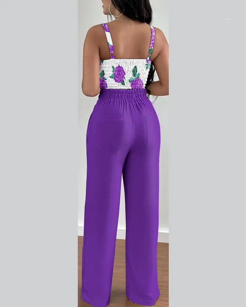 2-teiliges Outfit, V-Ausschnitt-Träger, gerafftes, schmales Crop-Top und Schnür-Hosen-Sets mit weitem Bein, eleganter Büro-Damenanzug