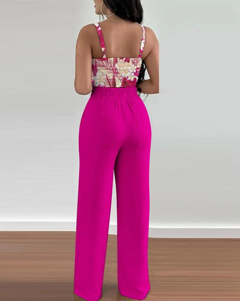 2-teiliges Outfit, V-Ausschnitt-Träger, gerafftes, schmales Crop-Top und Schnür-Hosen-Sets mit weitem Bein, eleganter Büro-Damenanzug