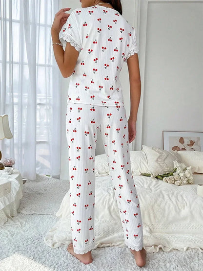 2-teiliges Spitzen-Pyjama-Set mit Kirsch-Print für Damen
