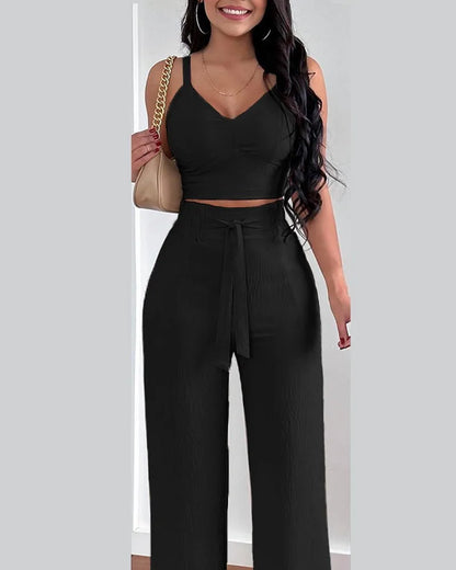 2-teiliges Outfit, V-Ausschnitt-Träger, gerafftes, schmales Crop-Top und Schnür-Hosen-Sets mit weitem Bein, eleganter Büro-Damenanzug