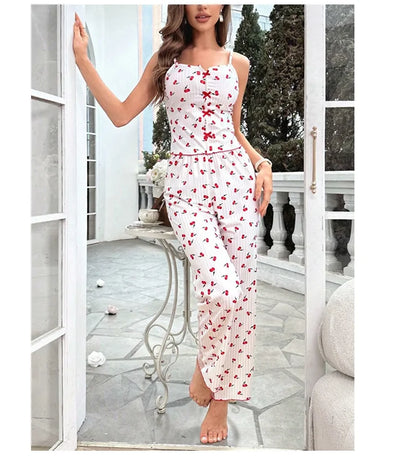 2-teiliges Spitzen-Pyjama-Set mit Herzchen-Print für Damen