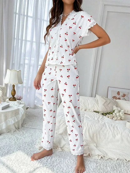 2-teiliges Spitzen-Pyjama-Set mit Kirsch-Print für Damen