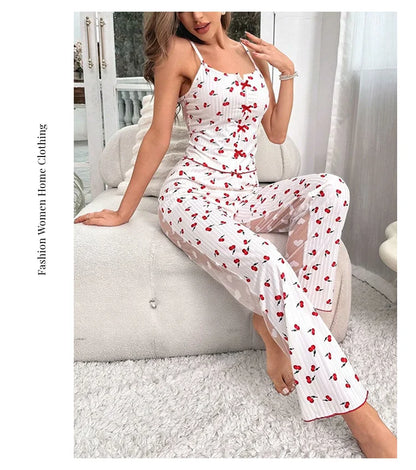 2-teiliges Spitzen-Pyjama-Set mit Herzchen-Print für Damen