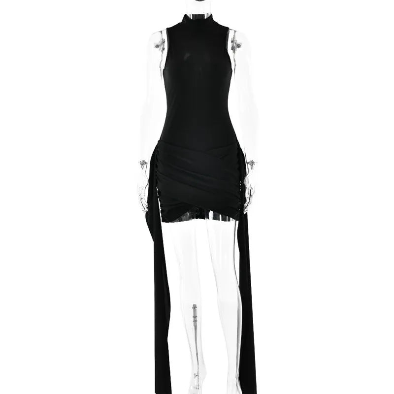 Mozision Rollkragen Ärmelloses Sexy Mini Kleid Für Frauen Mode Unregelmäßige Geraffte Tank Kleid Femme Elegante Club Party Kleid