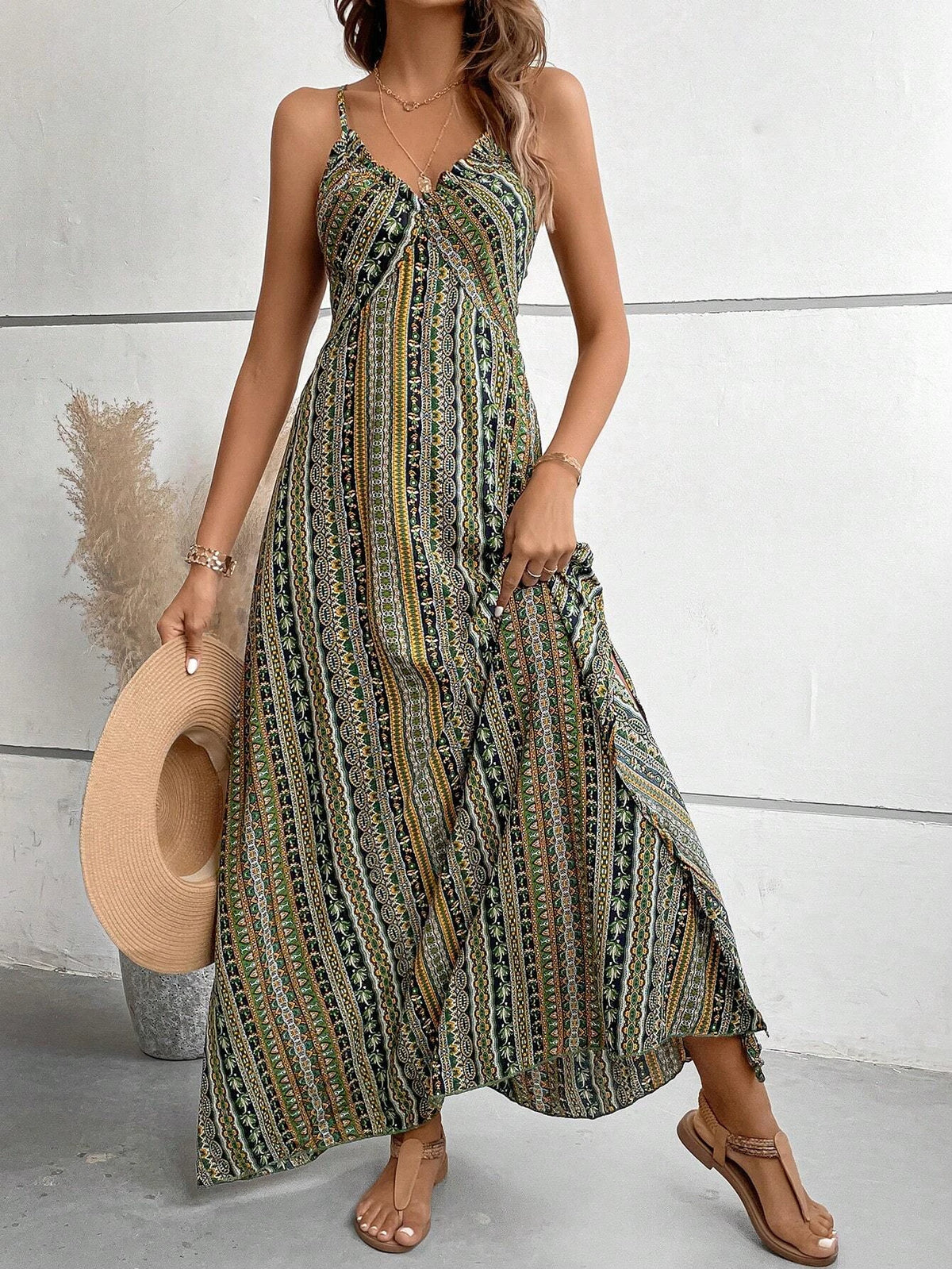 Damen Sommerkleid mit ethnischem Muster, rückenfrei, geteilter Oberschenkel, Damen-Sommerkleidung, Boho-Mode, Rüschenbesatz, langes Kleid für den Strand