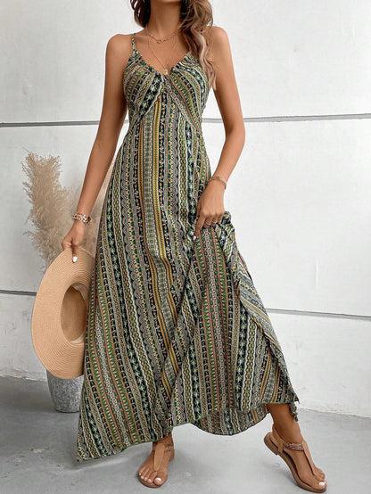 Damen Sommerkleid mit ethnischem Muster, rückenfrei, geteilter Oberschenkel, Damen-Sommerkleidung, Boho-Mode, Rüschenbesatz, langes Kleid für den Strand