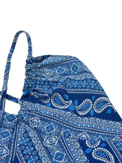 Damen Sommerkleid mit ethnischem Muster, rückenfrei, geteilter Oberschenkel, Damen-Sommerkleidung, Boho-Mode, Rüschenbesatz, langes Kleid für den Strand