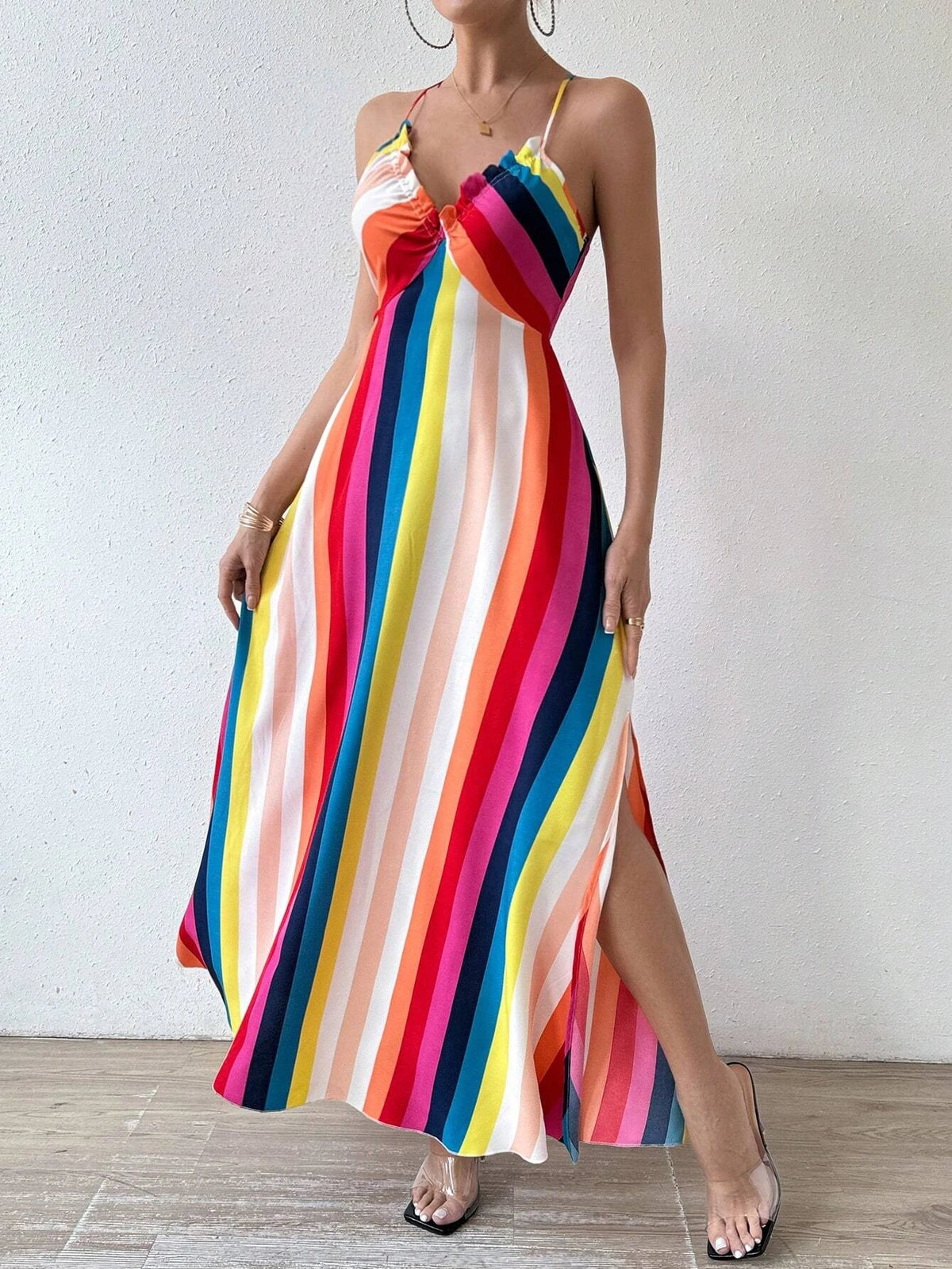 Damen Sommerkleid mit ethnischem Muster, rückenfrei, geteilter Oberschenkel, Damen-Sommerkleidung, Boho-Mode, Rüschenbesatz, langes Kleid für den Strand